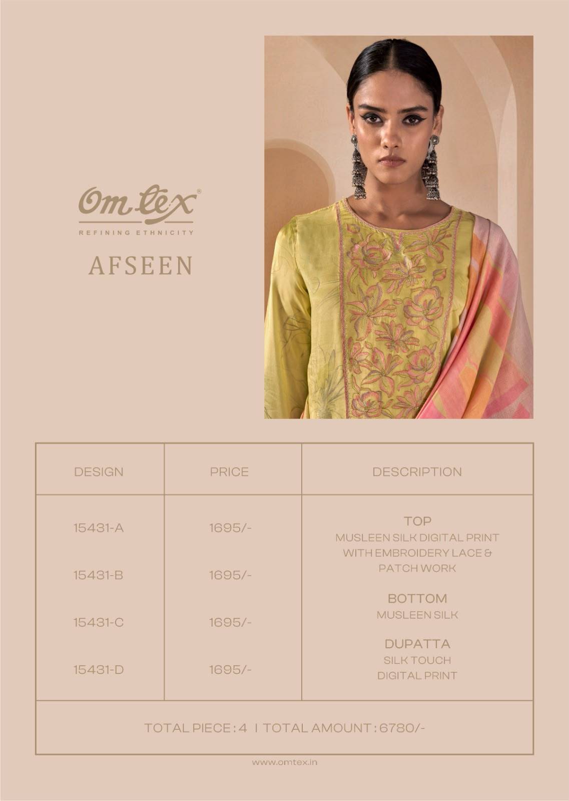 AFSEEN By Om Tex 15431 Series Beautiful Festive Suits Stylish Colorful Fancy Casual Wear & Ethnic Wear Muslin Silk Dresses At Wholesale Price